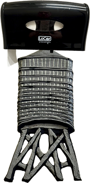 A creature with a paper towel dispenser for a head joined to a rooftop water tower for a body.